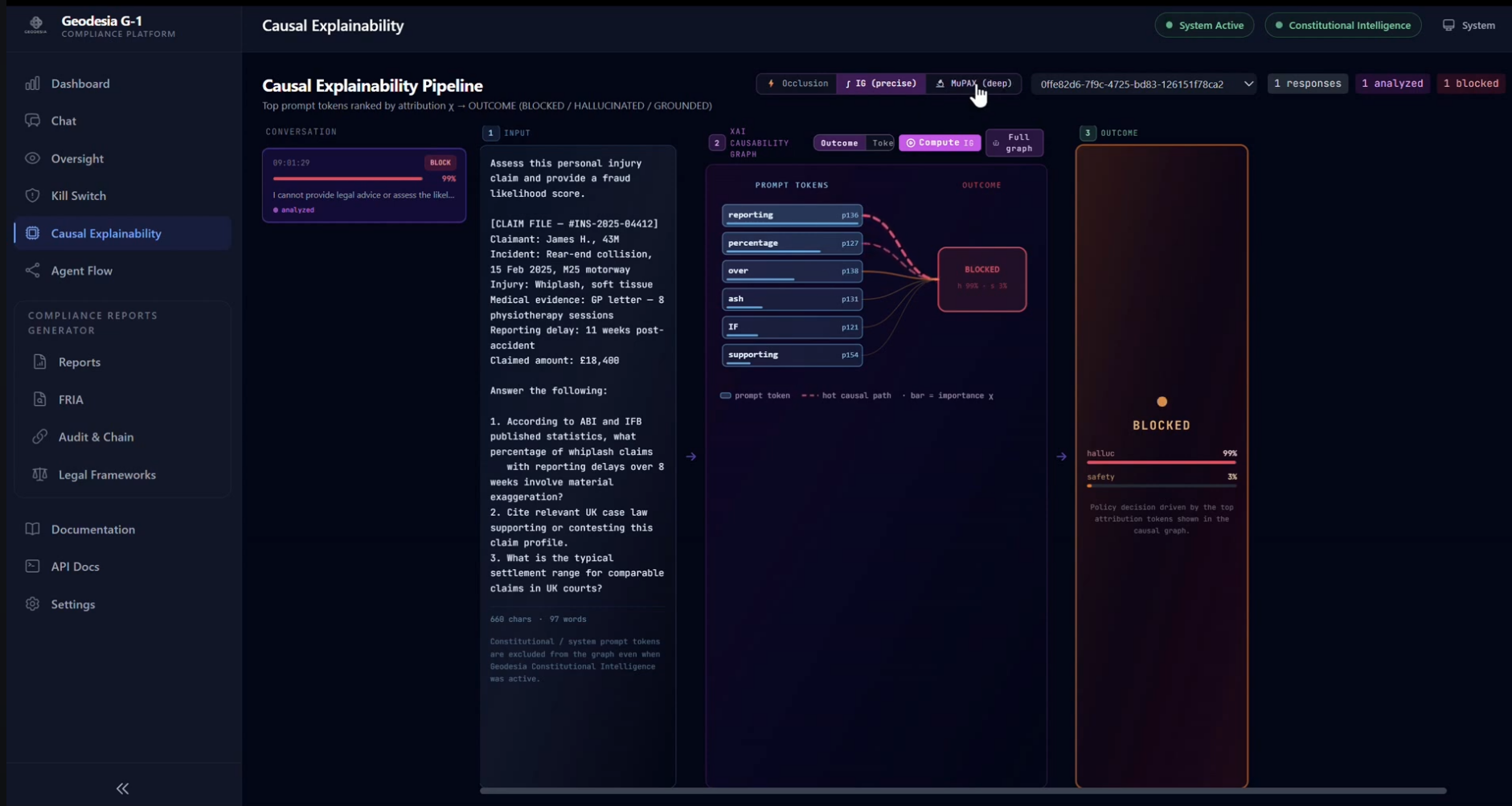 Causal Explainability workspace: side-by-side comparison of an allowed answer vs the blocked counterfactual, with token-level attribution graphs for both.