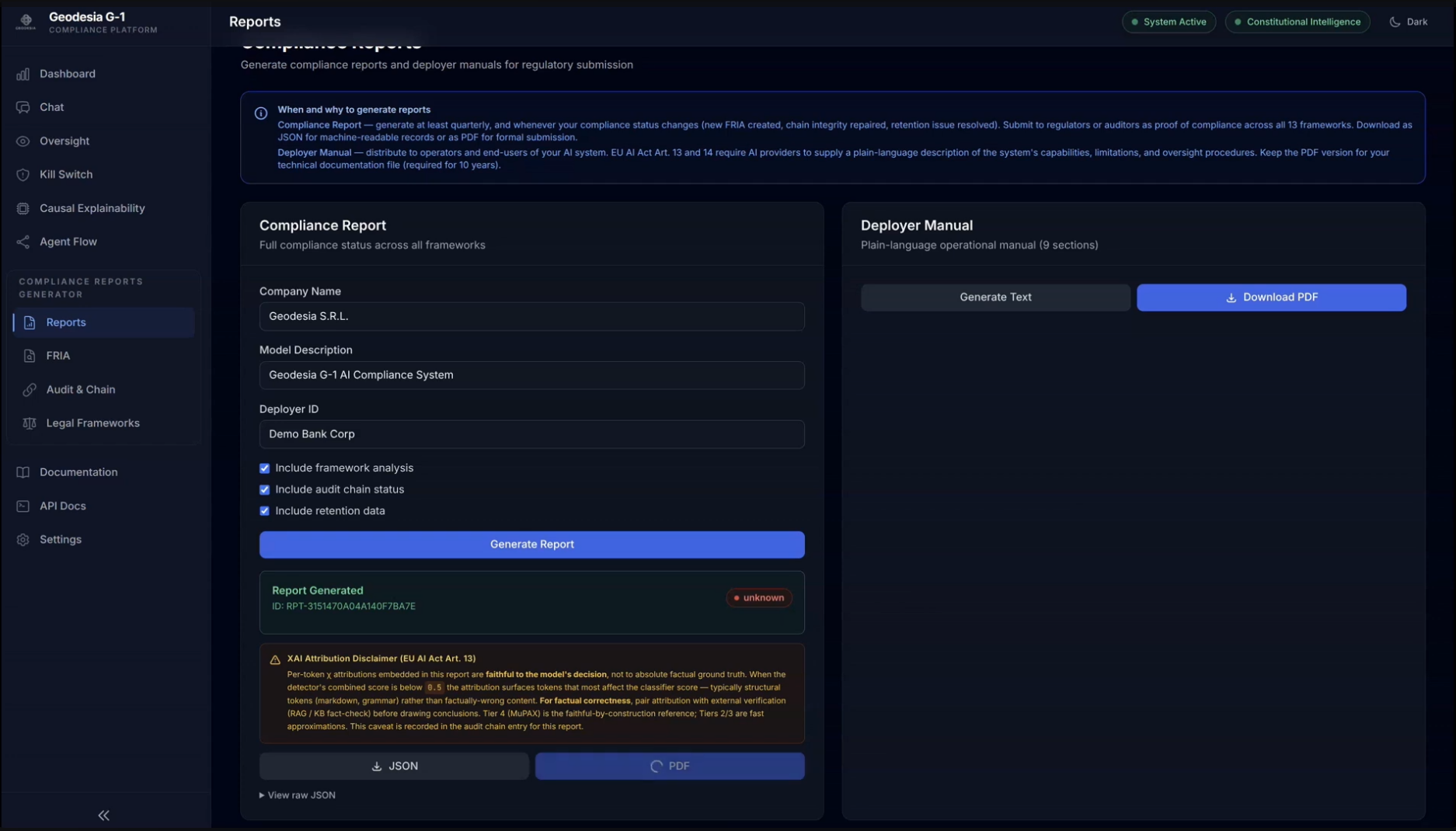 Reports workspace with a compliance report being generated for Demo Bank Corp, including framework analysis and multi-jurisdictional status, plus a deployer manual panel on the right.